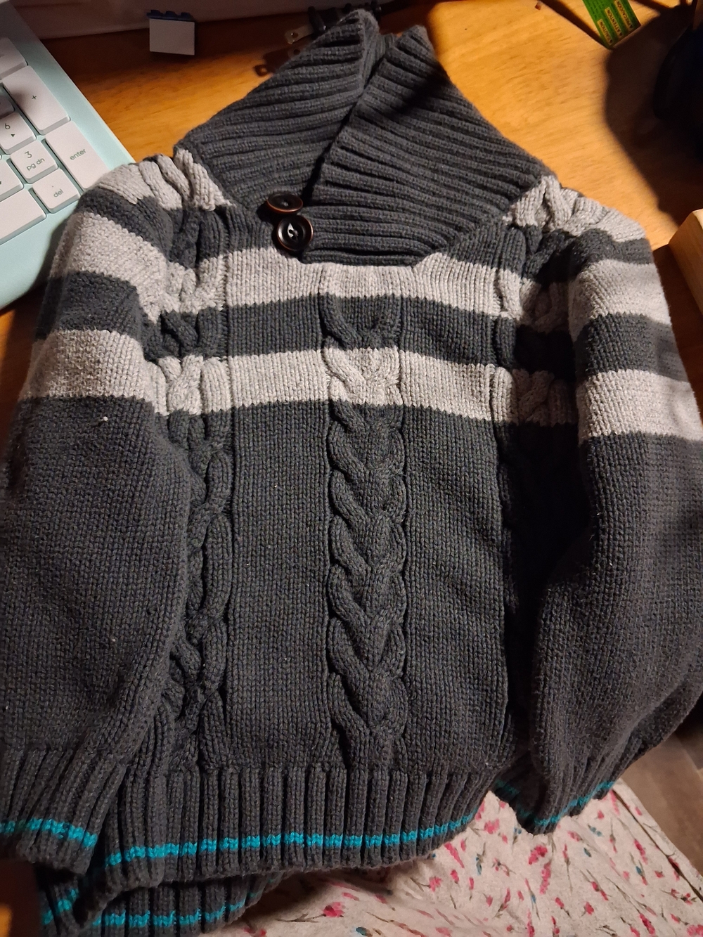 Boys Gray Shawl Collar Cable Knit Sweater